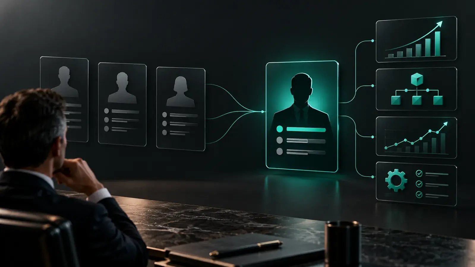 A hiring leader reviews CTO candidate profiles alongside evidence of company growth, technology delivery and leadership outcomes.